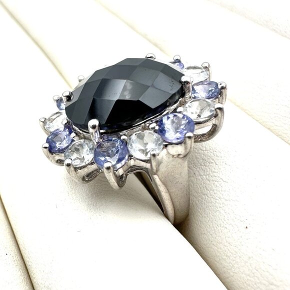 Purple Clear Black Multi-Gemstone Statement Ring Sterling Silver Size 6 - Picture 3 of 5